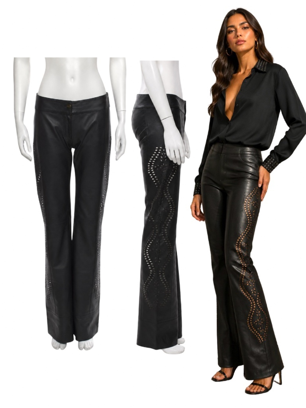 $589 Chester Genuine Leather Wide Leg Pants Black Laser Cut Size 4 / Small